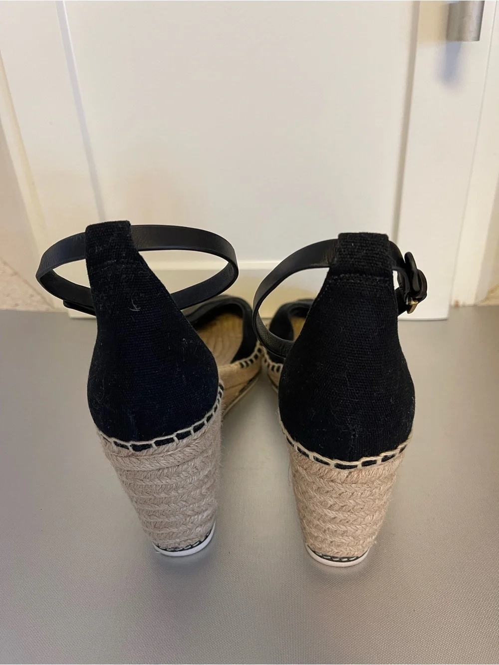 Tory Burch Black Espadrille Wedge Nappa Sandals w/ Ankle Strap Color Block Sz 11